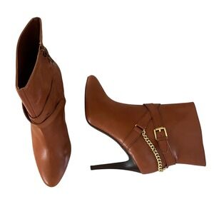 NEW Ralph Lauren Laurie Ankle Boots Brown Leather Stiletto Heel Chain Detail 7.5